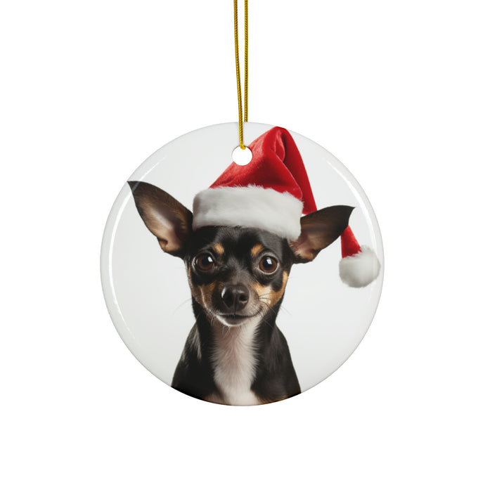 DistinctInk Hanging Ceramic Christmas Tree Ornament with Gold String - Great Gift/Present - 2 3/4 inch Diameter - Rat Terrier Design