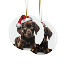 DistinctInk Hanging Ceramic Christmas Tree Ornament with Gold String - Great Gift/Present - 2 3/4 inch Diameter - Plott Hound Puppy Design