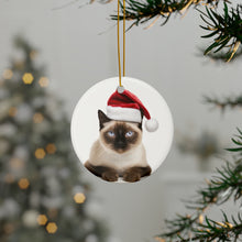 DistinctInk Hanging Ceramic Christmas Tree Ornament with Gold String - Great Gift/Present - 2 3/4 inch Diameter - Siamese Cat Design
