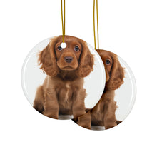 DistinctInk Hanging Ceramic Christmas Tree Ornament with Gold String - Great Gift/Present - 2 3/4 inch Diameter - Sussex Spaniel Puppy Design
