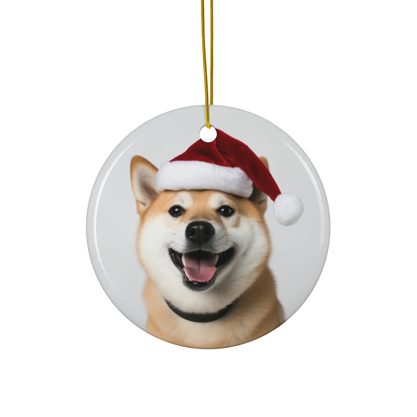 DistinctInk Hanging Ceramic Christmas Tree Ornament with Gold String - Great Gift/Present - 2 3/4 inch Diameter - Shiba Inu Design