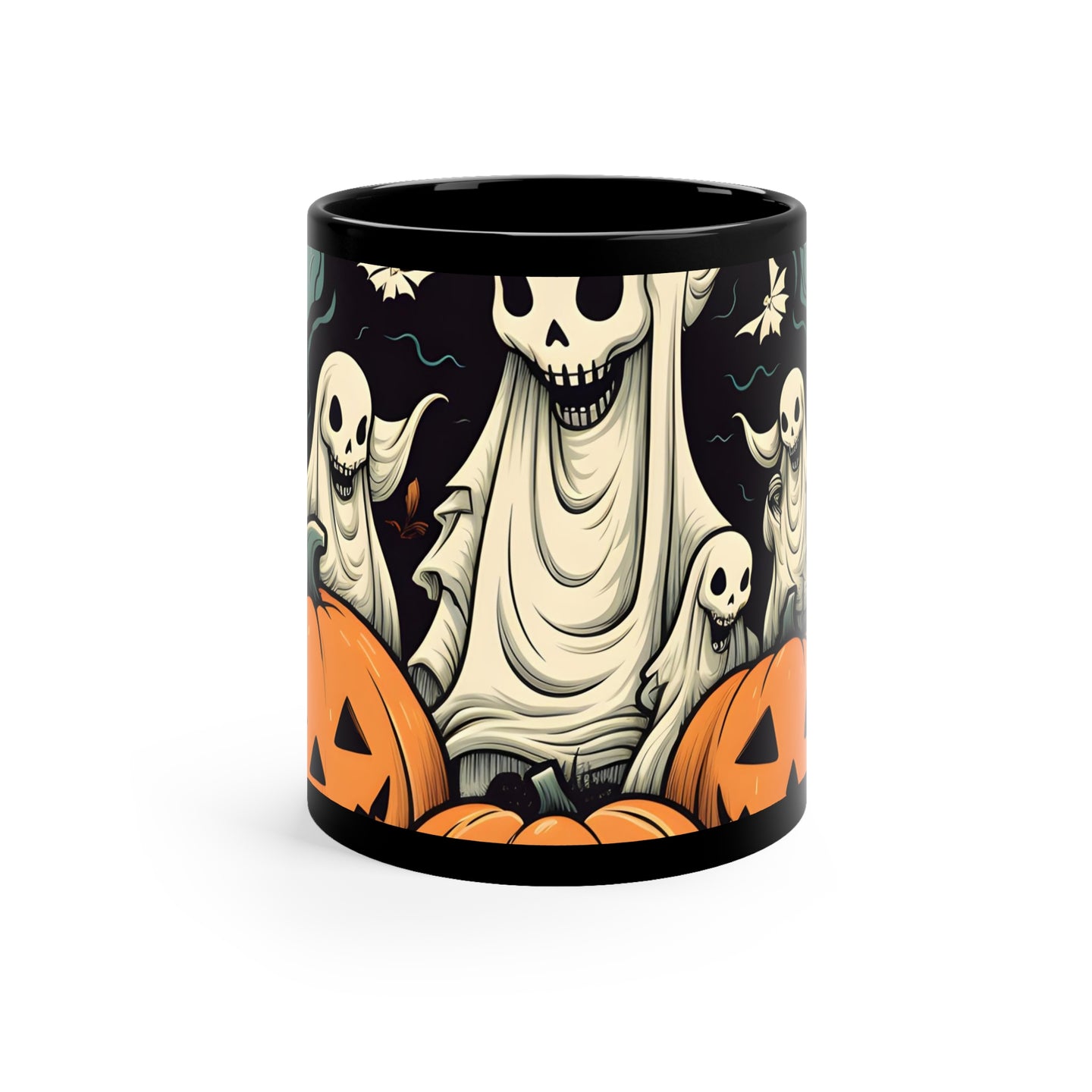 DistinctInk Black Coffee Mug - Spooky Skeleton Pumpkins for Halloween