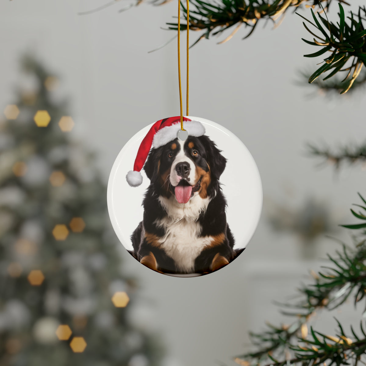 Hanging Ceramic Christmas Tree Ornament with Gold String - Greater Swis Mountain Dog Design, view 3