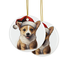 DistinctInk Hanging Ceramic Christmas Tree Ornament with Gold String - Great Gift/Present - 2 3/4 inch Diameter - Norwegian Lundehund Puppy Drawing Design