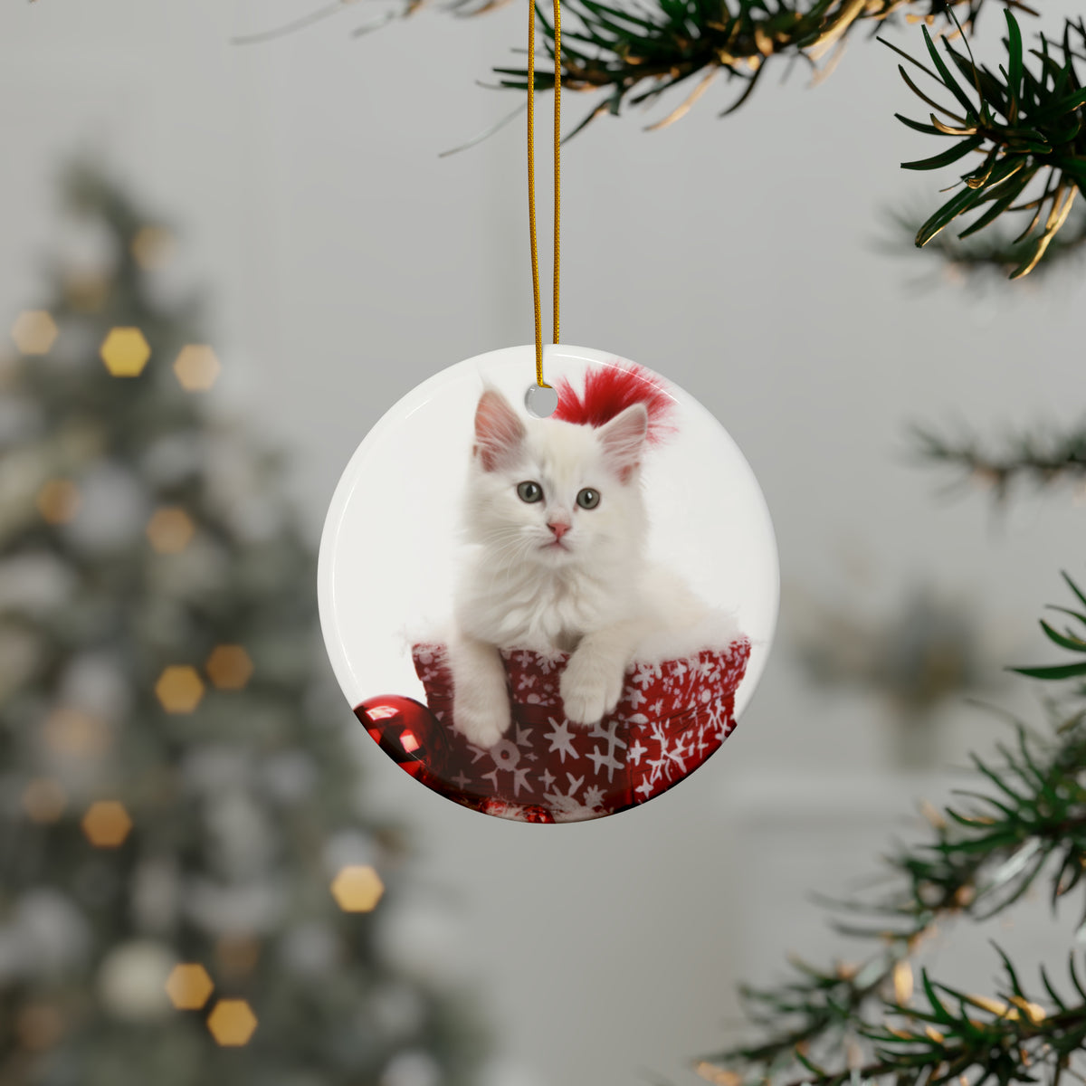 Hanging Ceramic Christmas Tree Ornament with Gold String - Turkish Angora Kitten Design, view 3