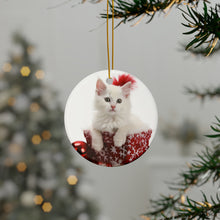 DistinctInk Hanging Ceramic Christmas Tree Ornament with Gold String - Great Gift/Present - 2 3/4 inch Diameter - Turkish Angora Kitten Design