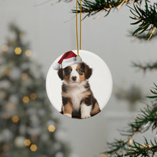 DistinctInk Hanging Ceramic Christmas Tree Ornament with Gold String - Great Gift/Present - 2 3/4 inch Diameter - Australian Shepherd Puppy Design