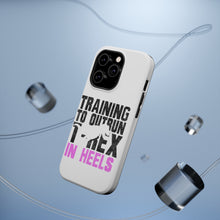 DistinctInk ToughCase for Apple iPhone, Compatible with MagSafe Charging - Training to Outrun T-Rex in Heels