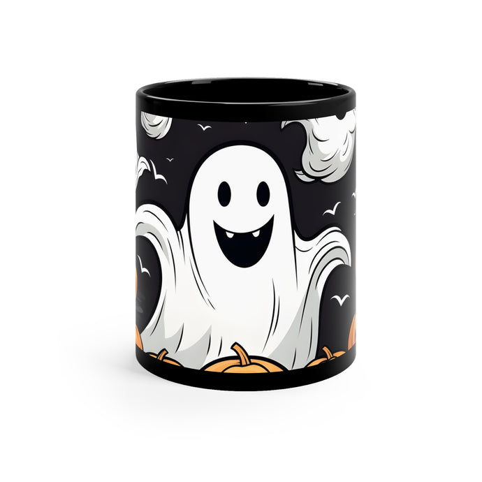 DistinctInk Black Coffee Mug - Skeletal Ghostly Pumpkin Patch for Halloween