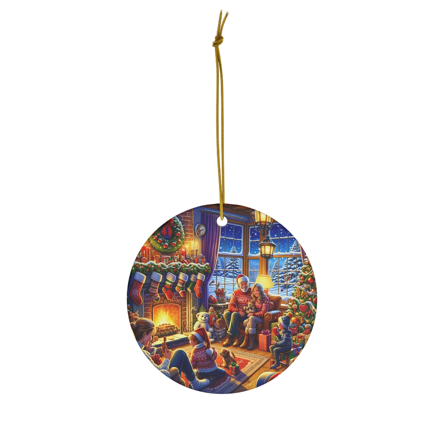 DistinctInk Hanging Ceramic Christmas Tree Ornament Charm with Gold String - Great Gift/Present - 2 3/4 inch Diameter - Home for the Holidays
