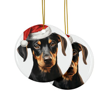 DistinctInk Hanging Ceramic Christmas Tree Ornament with Gold String - Great Gift/Present - 2 3/4 inch Diameter - Doberman Pinscher Puppy Drawing Design