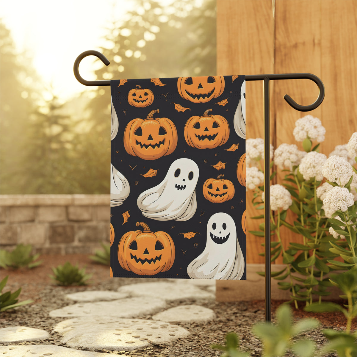 Garden & House Banner / Flag with Ghastly Skeleton Pumpkin Party Design for Halloween, view 5