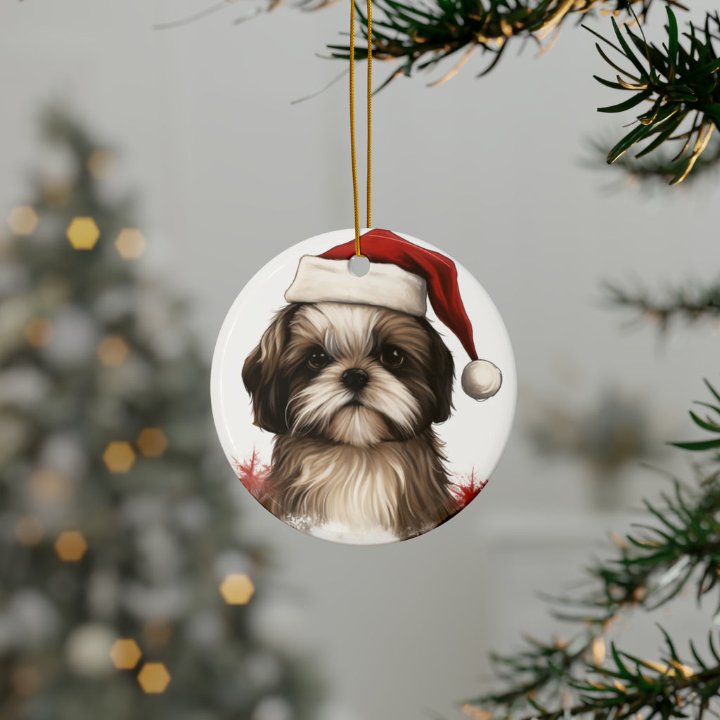Hanging Ceramic Christmas Tree Ornament with Gold String - Shih Tzu Puppy Drawing Design, view 3