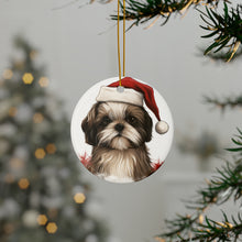 DistinctInk Hanging Ceramic Christmas Tree Ornament with Gold String - Great Gift/Present - 2 3/4 inch Diameter - Shih Tzu Puppy Drawing Design