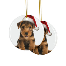 DistinctInk Hanging Ceramic Christmas Tree Ornament with Gold String - Great Gift/Present - 2 3/4 inch Diameter - Welsh Terrier Puppy Design