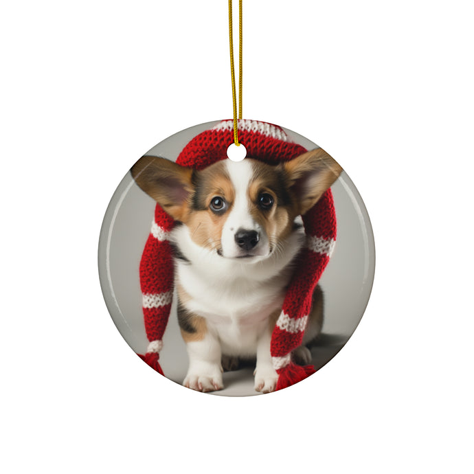 DistinctInk Hanging Ceramic Christmas Tree Ornament with Gold String - Great Gift/Present - 2 3/4 inch Diameter - Cardigan Welsh Corgi Puppy Design
