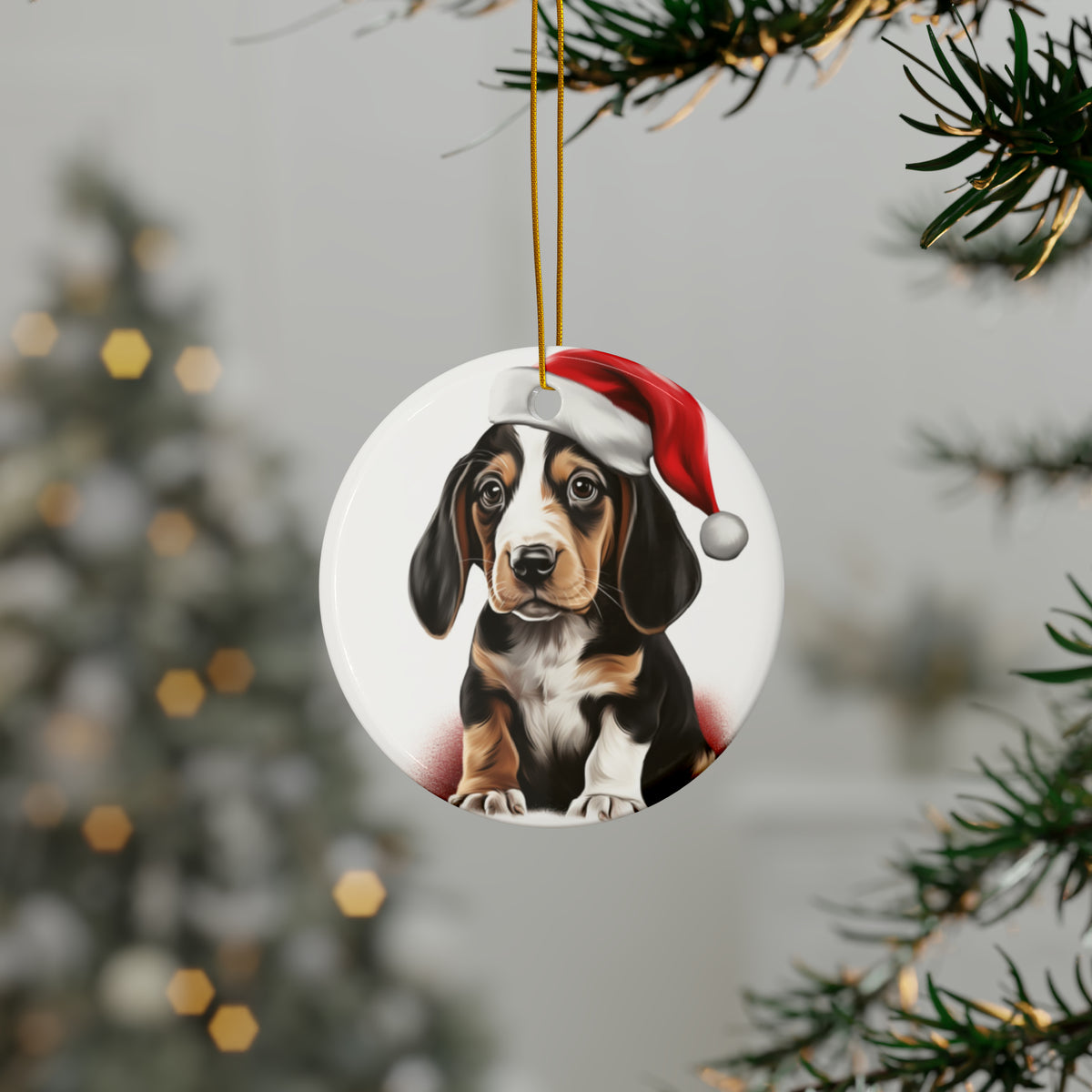 Hanging Ceramic Christmas Tree Ornament with Gold String - Treeing Walker Coonhound Puppy Drawing Design, view 3