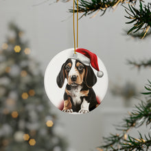 DistinctInk Hanging Ceramic Christmas Tree Ornament with Gold String - Great Gift/Present - 2 3/4 inch Diameter - Treeing Walker Coonhound Puppy Drawing Design