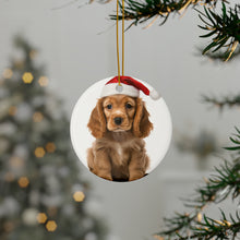 DistinctInk Hanging Ceramic Christmas Tree Ornament with Gold String - Great Gift/Present - 2 3/4 inch Diameter - Cocker Spaniel Puppy Design