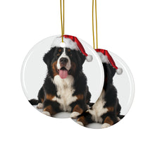 DistinctInk Hanging Ceramic Christmas Tree Ornament with Gold String - Great Gift/Present - 2 3/4 inch Diameter - Bernese Mountain Dog Design