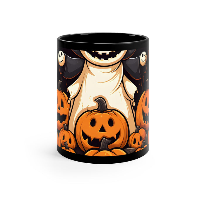DistinctInk Black Coffee Mug - Spooky Skeleton Pumpkin Patch for Halloween