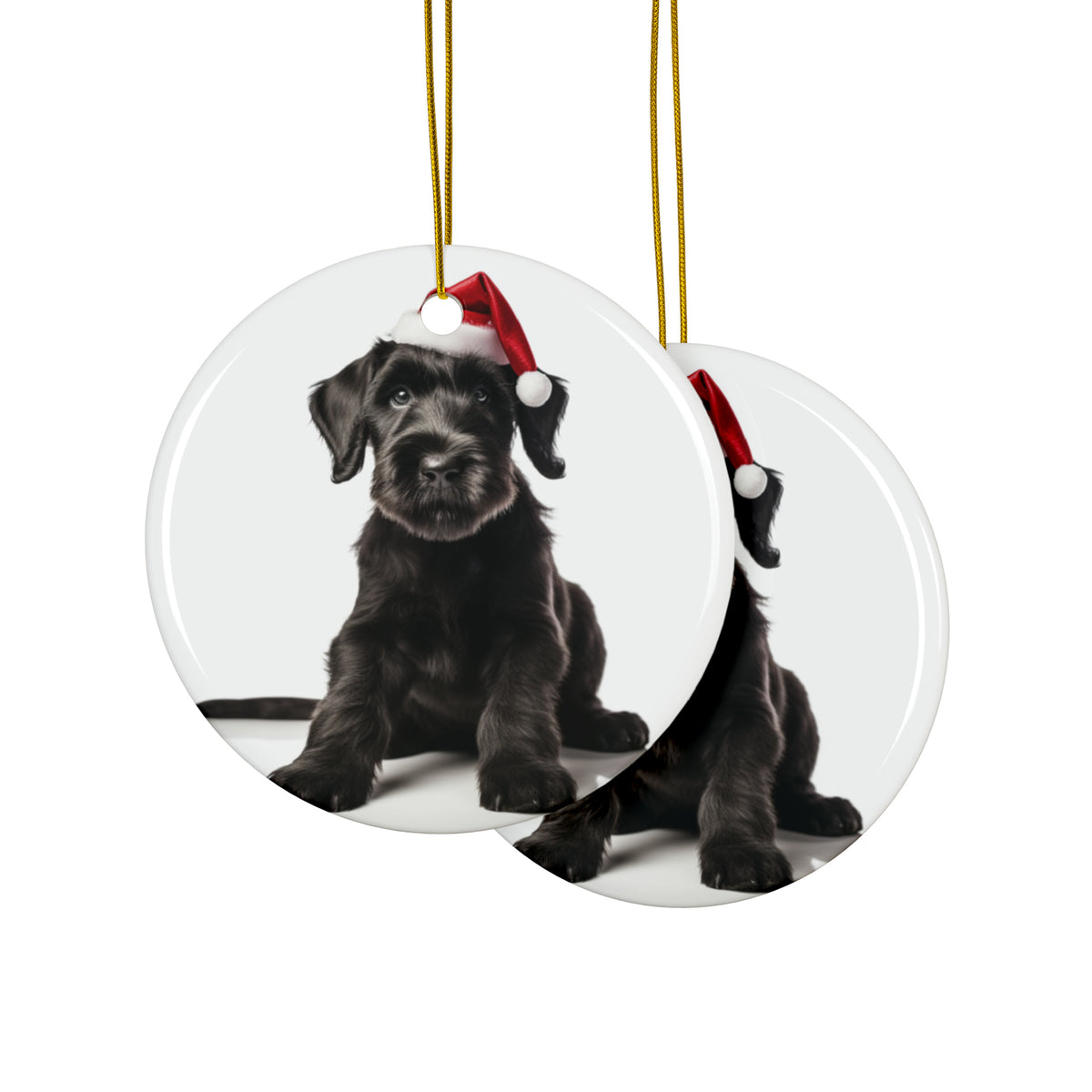 Hanging Ceramic Christmas Tree Ornament with Gold String - Giant Schnauzer Puppy Design, view 2