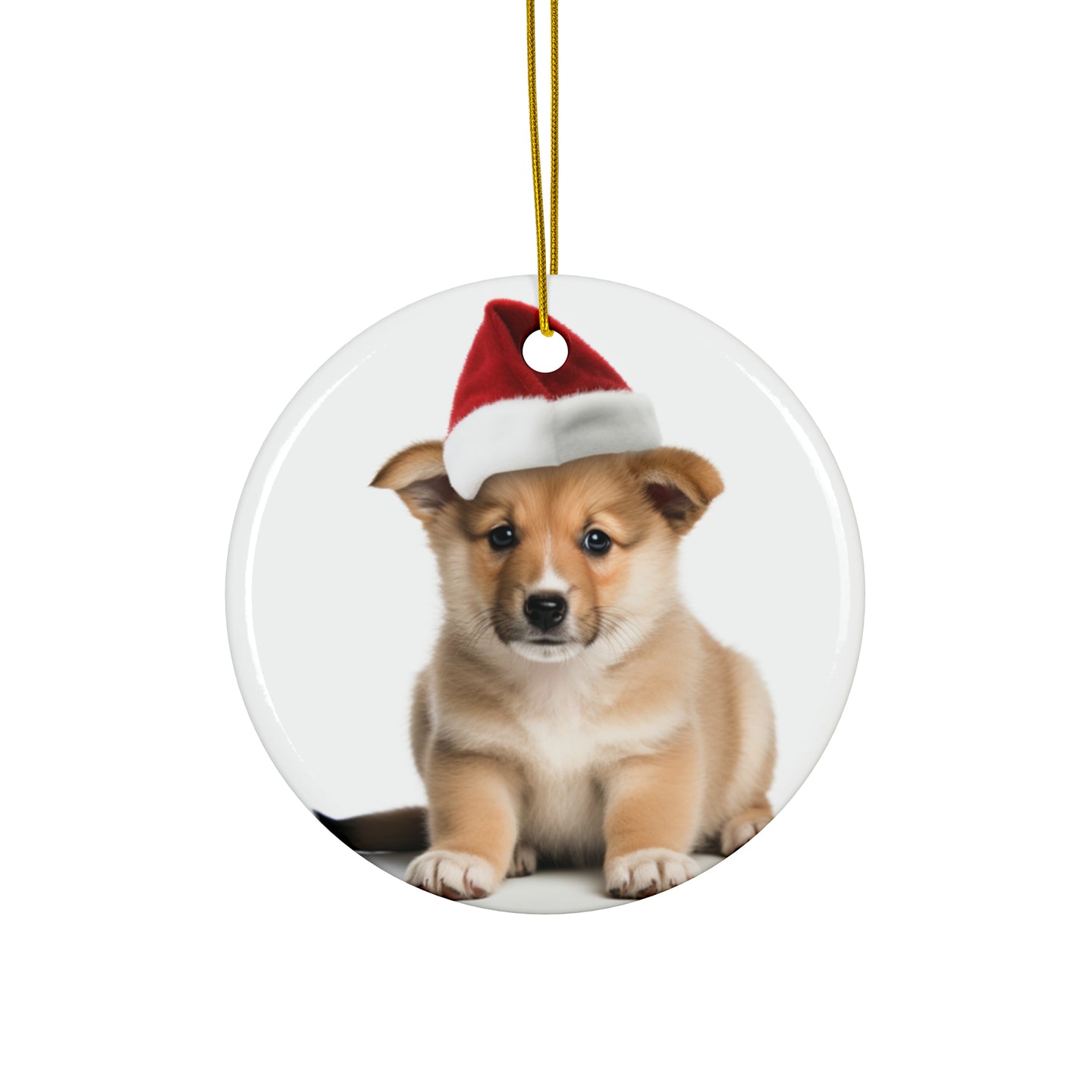 DistinctInk Hanging Ceramic Christmas Tree Ornament with Gold String - Great Gift/Present - 2 3/4 inch Diameter - Norwegian Lundehund Puppy Design