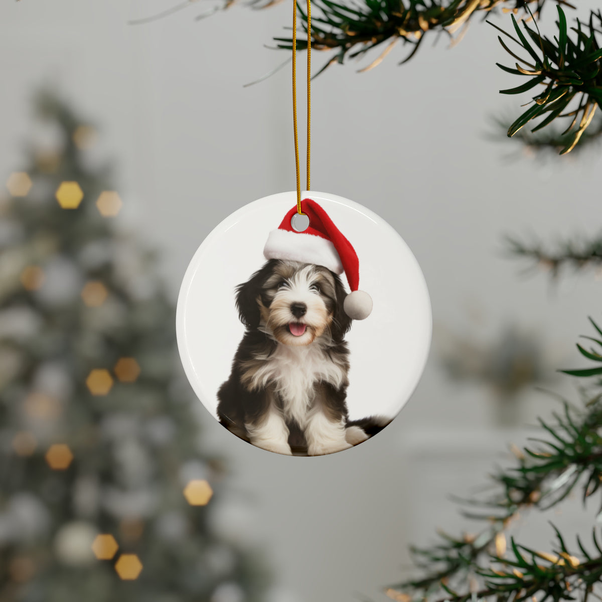 Hanging Ceramic Christmas Tree Ornament with Gold String - Bearded Collie Puppy Design, view 3