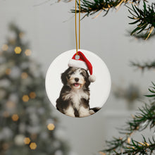 DistinctInk Hanging Ceramic Christmas Tree Ornament with Gold String - Great Gift/Present - 2 3/4 inch Diameter - Bearded Collie Puppy Design