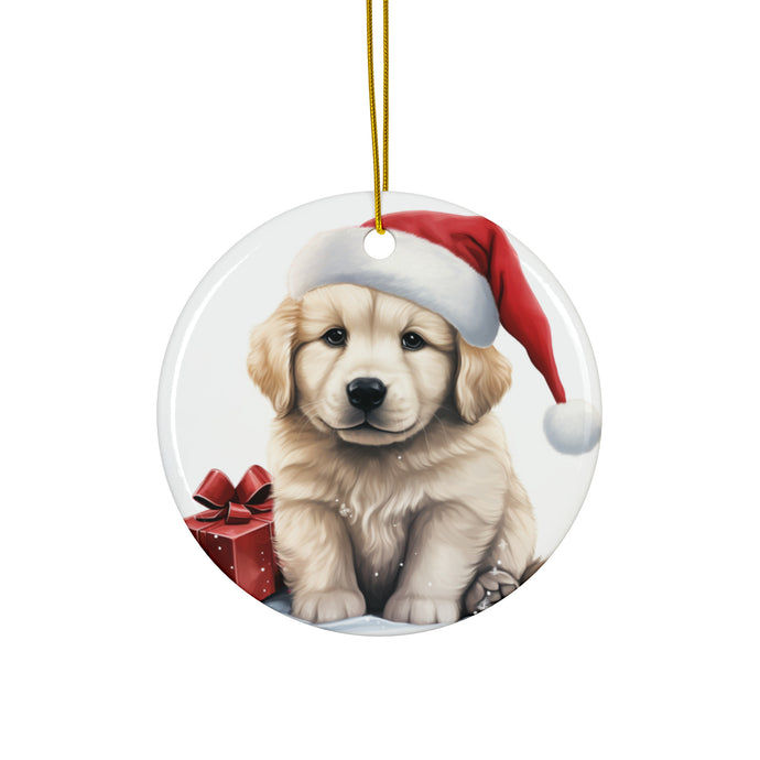 DistinctInk Hanging Ceramic Christmas Tree Ornament with Gold String - Great Gift/Present - 2 3/4 inch Diameter - Kuvaszok Puppy Drawing Design
