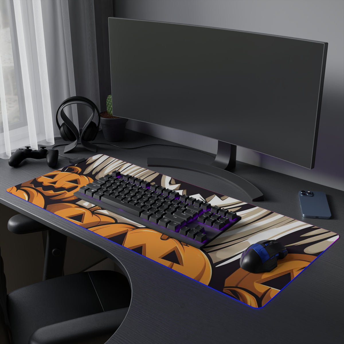 LED Gaming Mouse Pad with Ghostly Skeleton and Pumpkins Design for Halloween, view 27
