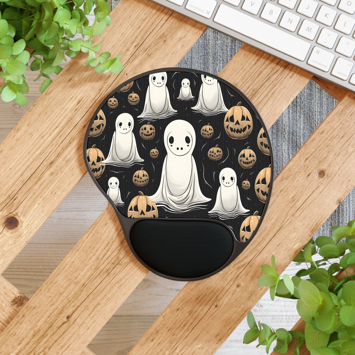 Mouse Pad with Wrist Rest with Ghostly Skeleton and Pumpkin Design for Halloween, view 4