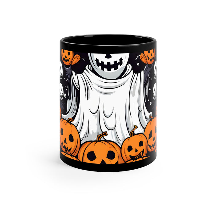 DistinctInk Black Coffee Mug - Ghost Skeleton Pumpkins for Halloween