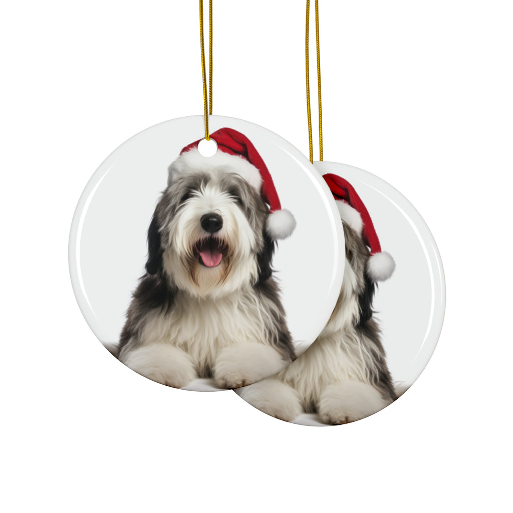 Hanging Ceramic Christmas Tree Ornament with Gold String - Old English Sheepdog Design, view 2