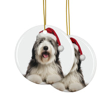 DistinctInk Hanging Ceramic Christmas Tree Ornament with Gold String - Great Gift/Present - 2 3/4 inch Diameter - Old English Sheepdog Design
