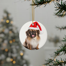 DistinctInk Hanging Ceramic Christmas Tree Ornament with Gold String - Great Gift/Present - 2 3/4 inch Diameter - Tibetan Spaniel Design
