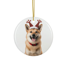 DistinctInk Hanging Ceramic Christmas Tree Ornament with Gold String - Great Gift/Present - 2 3/4 inch Diameter - Norwegian Buhund Design