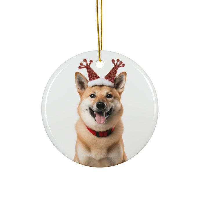 DistinctInk Hanging Ceramic Christmas Tree Ornament with Gold String - Great Gift/Present - 2 3/4 inch Diameter - Norwegian Buhund Design