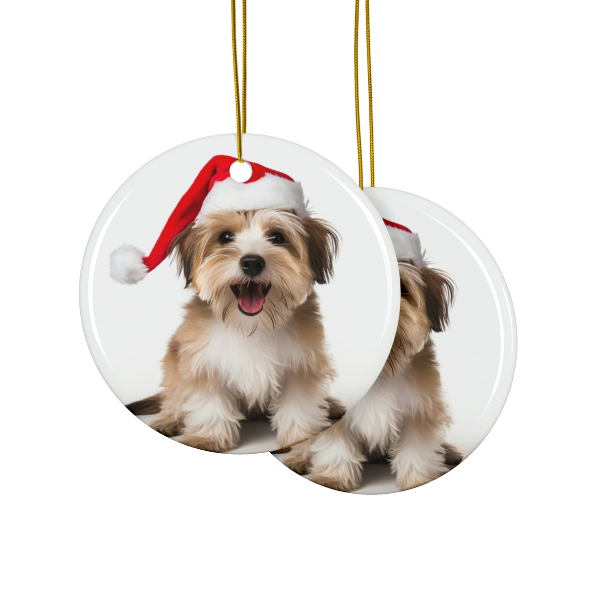 Hanging Ceramic Christmas Tree Ornament with Gold String - Biewer Terrier Design, view 2