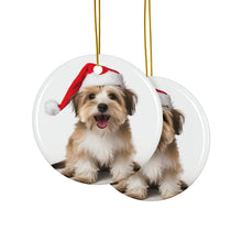 DistinctInk Hanging Ceramic Christmas Tree Ornament with Gold String - Great Gift/Present - 2 3/4 inch Diameter - Biewer Terrier Design
