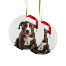 DistinctInk Hanging Ceramic Christmas Tree Ornament with Gold String - Great Gift/Present - 2 3/4 inch Diameter - American Staffordshire Terrier Puppy Design