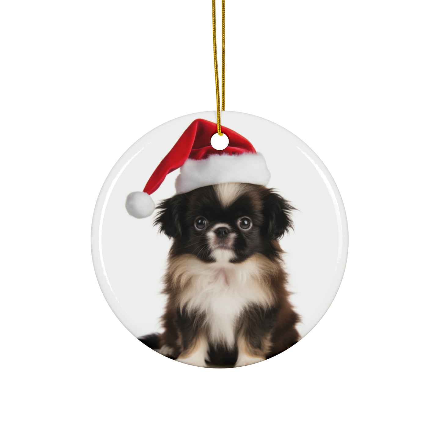 DistinctInk Hanging Ceramic Christmas Tree Ornament with Gold String - Great Gift/Present - 2 3/4 inch Diameter - Japanese Chin Puppy Design