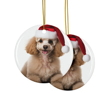 DistinctInk Hanging Ceramic Christmas Tree Ornament with Gold String - Great Gift/Present - 2 3/4 inch Diameter - Poodle Design