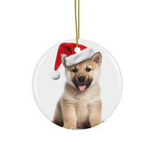 DistinctInk Hanging Ceramic Christmas Tree Ornament with Gold String - Great Gift/Present - 2 3/4 inch Diameter - Norwegian Buhund Puppy Design