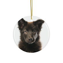 DistinctInk Hanging Ceramic Christmas Tree Ornament with Gold String - Great Gift/Present - 2 3/4 inch Diameter - Belgian Sheepdog Puppy Design