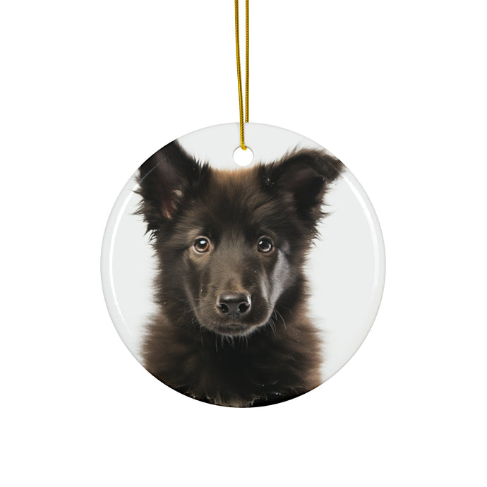 DistinctInk Hanging Ceramic Christmas Tree Ornament with Gold String - Great Gift/Present - 2 3/4 inch Diameter - Belgian Sheepdog Puppy Design