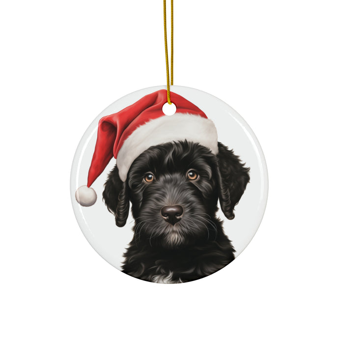 DistinctInk Hanging Ceramic Christmas Tree Ornament with Gold String - Great Gift/Present - 2 3/4 inch Diameter - Portuguese Water Dog Puppy Drawing Design
