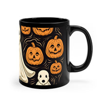 DistinctInk Black Coffee Mug - Ghost Skeleton Pumpkin Pattern for Halloween