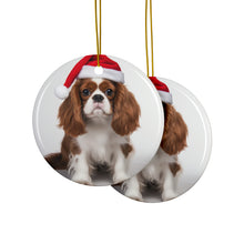 DistinctInk Hanging Ceramic Christmas Tree Ornament with Gold String - Great Gift/Present - 2 3/4 inch Diameter - Cavalier King Charle Spaniel Design