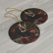 DistinctInk Hanging Ceramic Christmas Tree Ornament Charm with Gold String - Great Gift/Present - 2 3/4 inch Diameter - Trump's Festive Christmas with Tree
